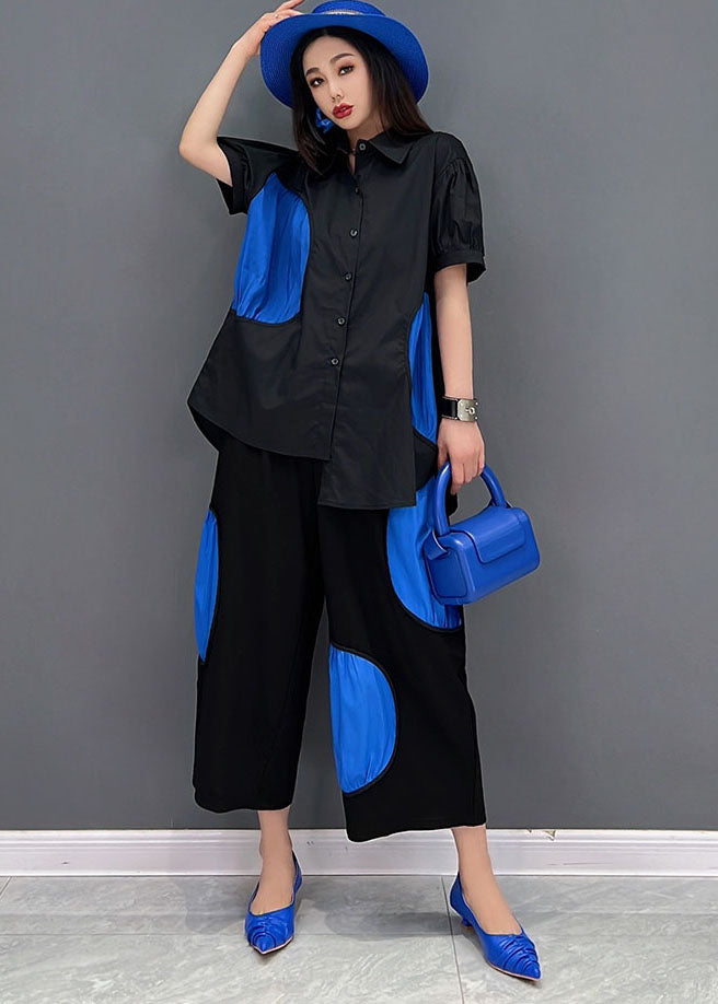 Französisches schwarzes asymmetrisches Punktapplikationen-Baumwollhemd und bauchfreie Hose, zweiteiliges Set Sommer