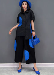 French Black Asymmetrical Dot Applique Cotton Shirt And Crop Pant Two-Piece Set Summer