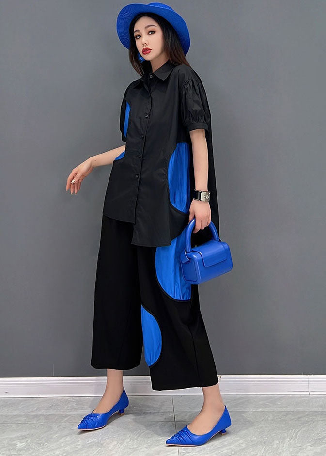 Französisches schwarzes asymmetrisches Punktapplikationen-Baumwollhemd und bauchfreie Hose, zweiteiliges Set Sommer