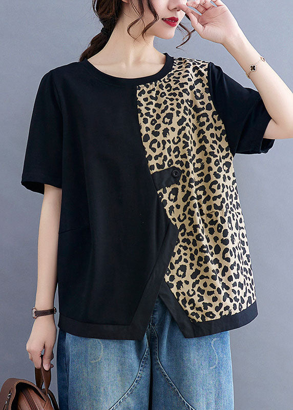 French Black Asymmetrical Leopard Patchwork Shirt Tops Short Sleeve