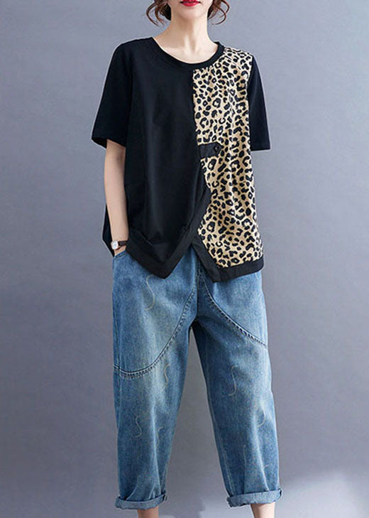 French Black Asymmetrical Leopard Patchwork Shirt Tops Short Sleeve