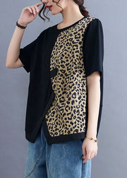 Französisches schwarzes asymmetrisches Leoparden-Patchwork-Hemd mit kurzen Ärmeln