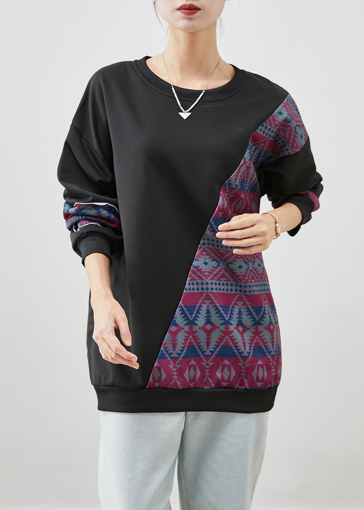 French Black Asymmetrical Patchwork Cotton Pullover Sweatshirt Fall