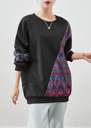 French Black Asymmetrical Patchwork Cotton Pullover Sweatshirt Fall