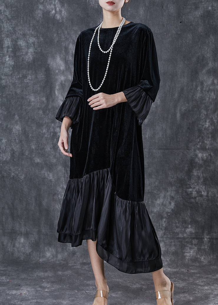 French Black Asymmetrical Patchwork Silk Velour Long Dress Spring