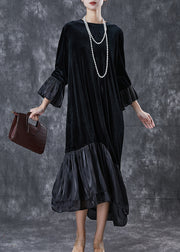 French Black Asymmetrical Patchwork Silk Velour Long Dress Spring