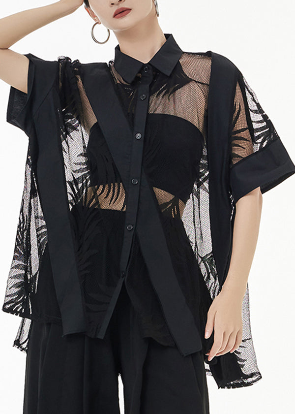 French Black Asymmetrical Patchwork Tulle Top Short Sleeve