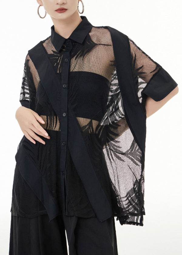 French Black Asymmetrical Patchwork Tulle Top Short Sleeve
