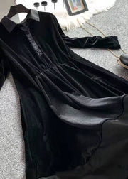 French Black Asymmetrical Patchwork Velour Holiday Dress Spring