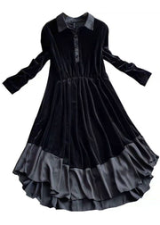 French Black Asymmetrical Patchwork Velour Holiday Dress Spring