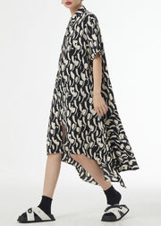 French Black Asymmetrical Print Patchwork Silk Cotton Shirts Dress Summer
