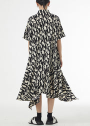 French Black Asymmetrical Print Patchwork Silk Cotton Shirts Dress Summer
