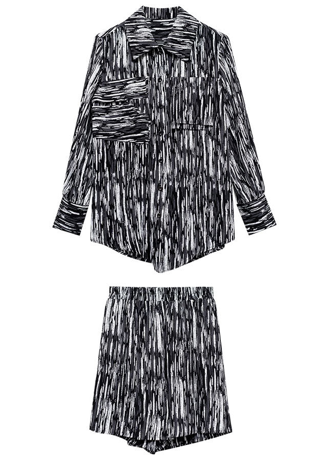 Französischer schwarzer asymmetrischer Druck Bubikragen Chiffon zweiteiliges Anzug-Set Sommer