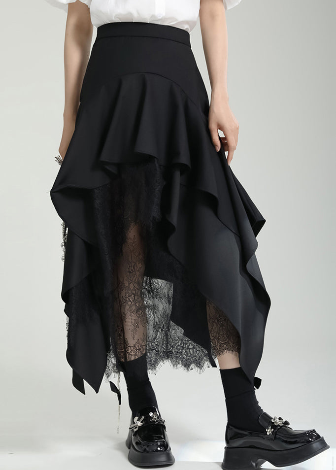 French Black Asymmetrical Ruffled Lace Patchwork Cotton Skirt Fall