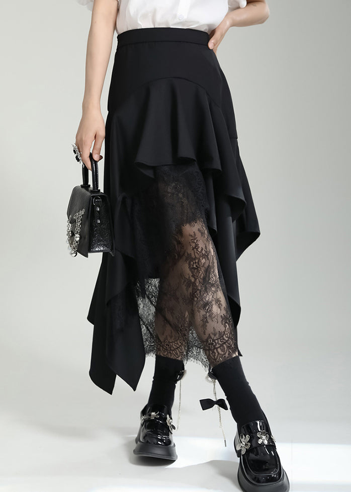 French Black Asymmetrical Ruffled Lace Patchwork Cotton Skirt Fall