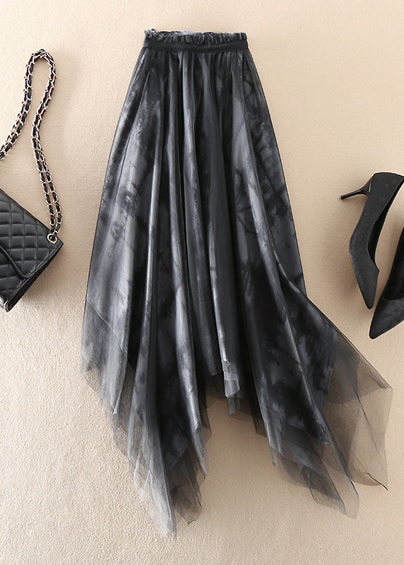 French Black Asymmetrical Tie Dye Tulle Skirts Spring