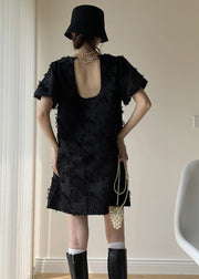 French Black Backless Chain Patchwork Cotton Mid Dresses Summer