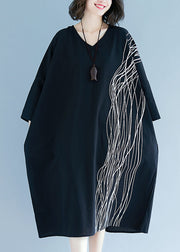 French Black Bat Wing Sleeve V Neck Print Patchwork Fall Maxi Dress