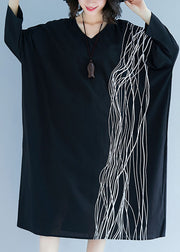 French Black Bat Wing Sleeve V Neck Print Patchwork Fall Maxi Dress