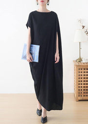 French Black Batwing Sleeve Summer Linen Dress - SooLinen