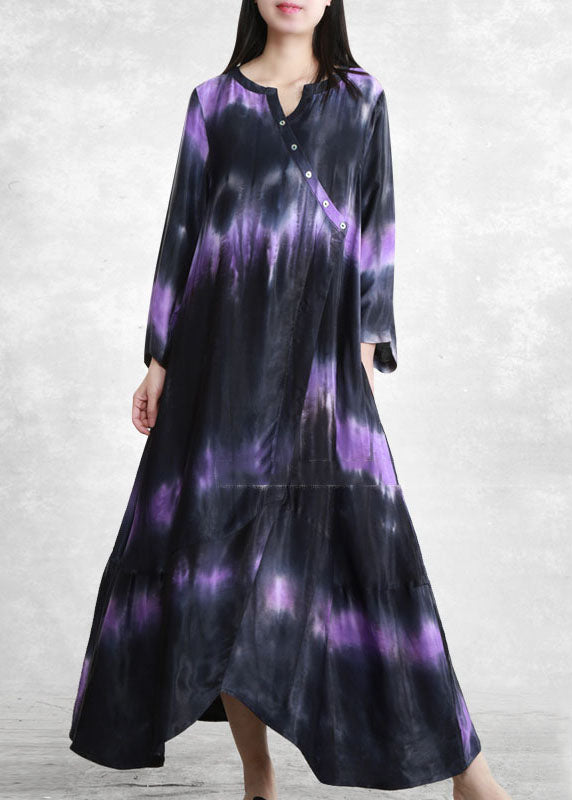 Französisch Schwarz Blau Farbverlauf V-Ausschnitt Asymmetrische Taschen Langes Kleid Langarm