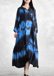 Französisch Schwarz Blau Farbverlauf V-Ausschnitt Asymmetrische Taschen Langes Kleid Langarm