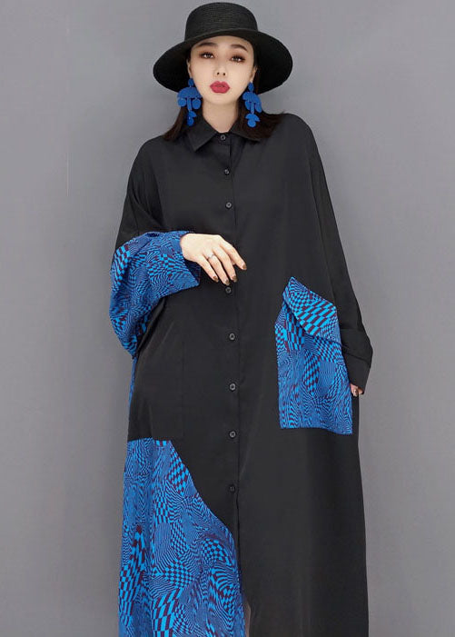 French Black Blue Peter Pan Collar Pockets Patchwork Cotton Loose Shirt Dresses Long Sleeve