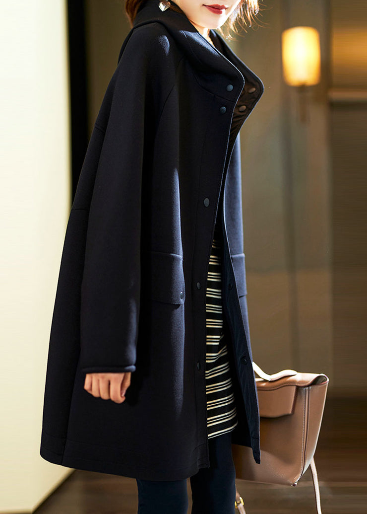 French Black Button Air Layer Hoodie Coat Long Sleeve