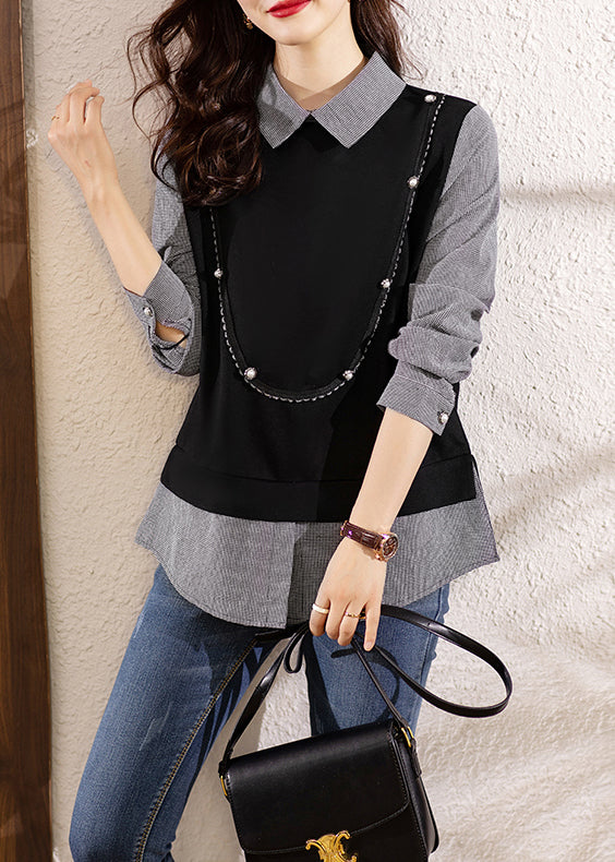 French Black Button Patchwork False Two Pieces Cotton Top Long Sleeve