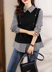 French Black Button Patchwork False Two Pieces Cotton Top Long Sleeve