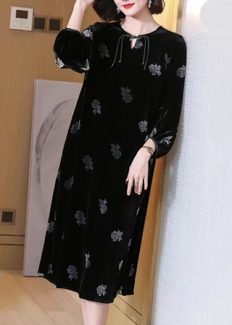 French Black Button Print Silk Velour Long Dresses Spring