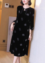 French Black Button Print Silk Velour Long Dresses Spring