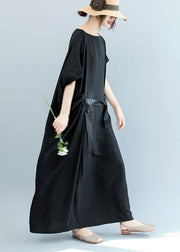 French Black Cinched Loose wrinkled Long Dress Bat wing Sleeve