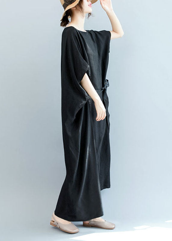 French Black Cinched Loose zerknittertes langes Kleid mit Fledermausflügelärmeln
