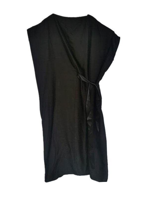 French Black Cinched Loose zerknittertes langes Kleid mit Fledermausflügelärmeln