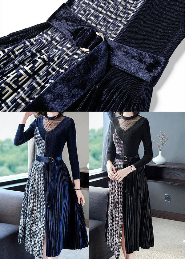 French Black Cinched Patchwork Side Open Silk Velour Maxi Dress Spring