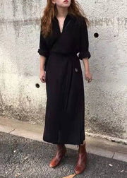 French Black Cinched side open Cotton Dresses Half Sleeve