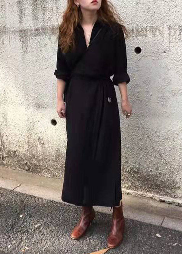 French Black Cinched side open Cotton Dresses Half Sleeve