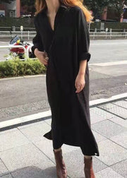 French Black Cinched seitlich offene Baumwollkleider mit halben Ärmeln
