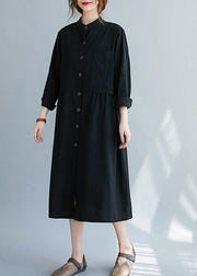 French Black Clothes Stand Collar Button Down A Line Spring Dress - SooLinen