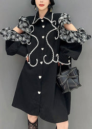 French Black Cold Shoulder Patchwork Ruffles Cotton Dress Summer