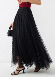 French Black Dot Elastic Waist Tulle Maxi Skirts Spring