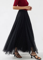 French Black Dot Elastic Waist Tulle Maxi Skirts Spring