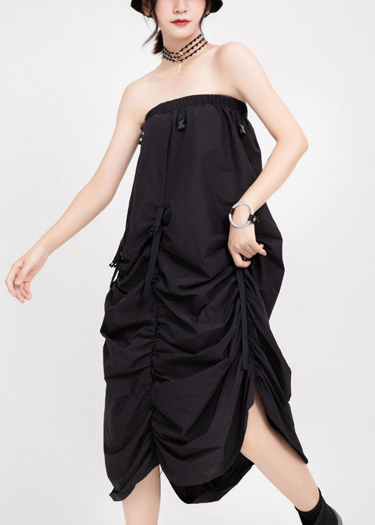 French Black Elastic Waist Asymmetrical Design Wrinkled Fall Skirt