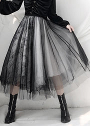 French Black Elastic Waist Lace Patchwork Tulle Skirt Fall