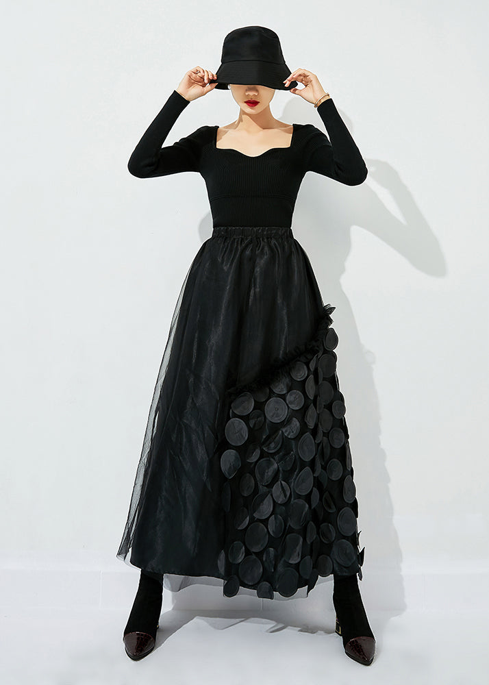 French Black Elastic Waist Patchwork Dot Tulle Vacation Skirts Spring