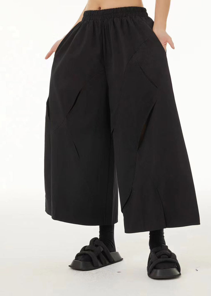 French Black Elastic Waist Ripped Cotton Wide Leg Crop Pants Summer
