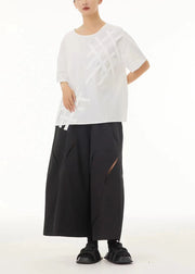 French Black Elastic Waist Ripped Cotton Wide Leg Crop Pants Summer