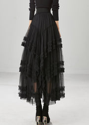 French Black Elastic Waist Ruffled Tulle A Line Skirt Fall