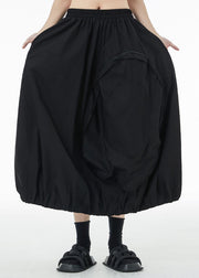 French Black Elastic Waist Zip Up Pockets Cotton Skirt Summer